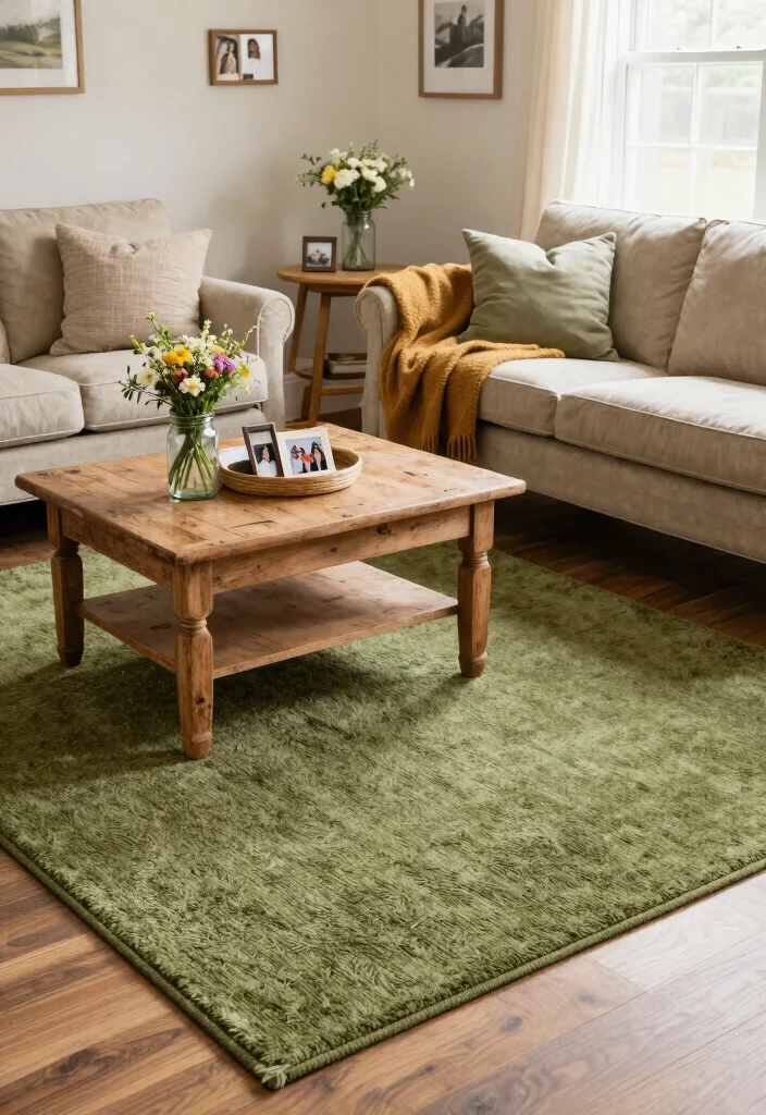 15 Olive Green Rug Living Room Ideas Earthy and Trendy - 4. Farmhouse Charm with Cozy Accents 1