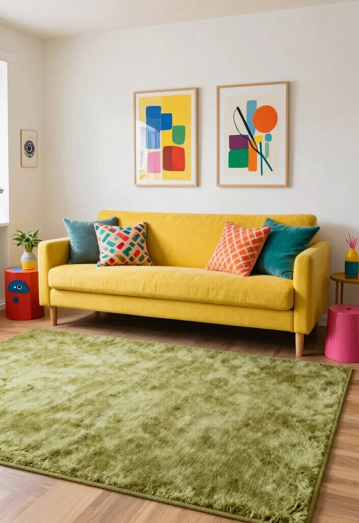 15 Olive Green Rug Living Room Ideas Earthy and Trendy - 6. Bright and Bold: Olive Green with Vibrant Accents 1