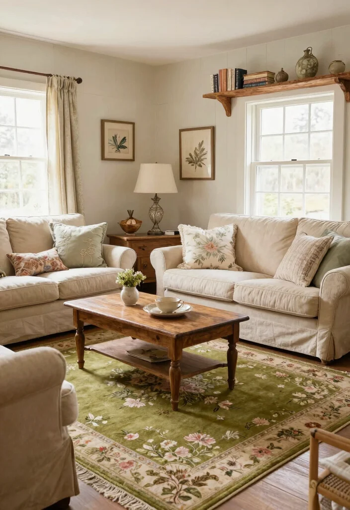 15 Olive Green Rug Living Room Ideas Earthy and Trendy - 8. Cozy Cottage Style with Olive Green 1