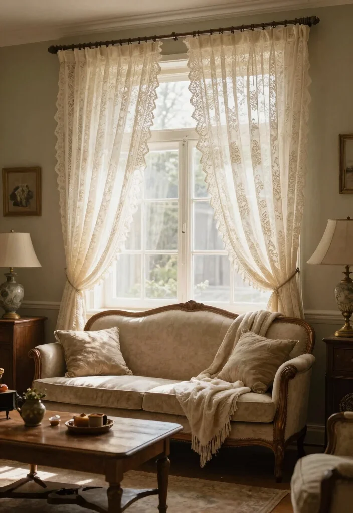15 Sheer Curtains Living Room Ideas: Light, Airy, and Elegant - 11. Vintage Lace Sheers for Timeless Elegance 1