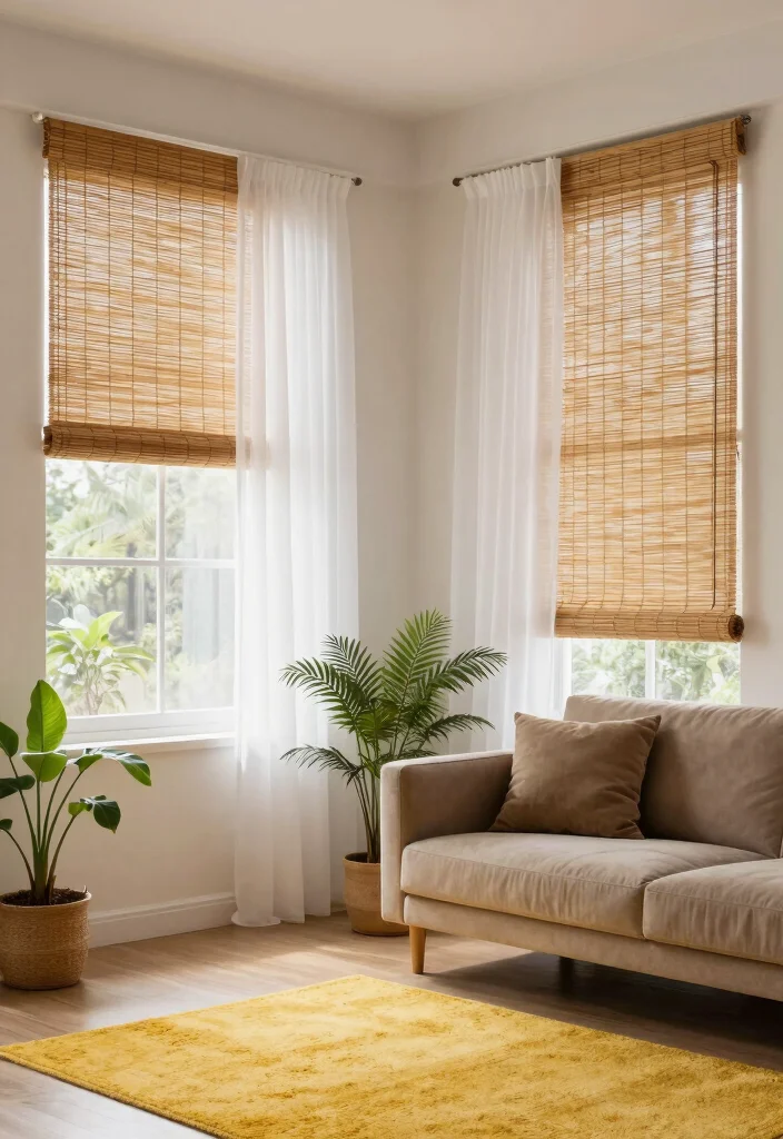 15 Sheer Curtains Living Room Ideas: Light, Airy, and Elegant - 3. Bamboo Shades for a Natural Element 1