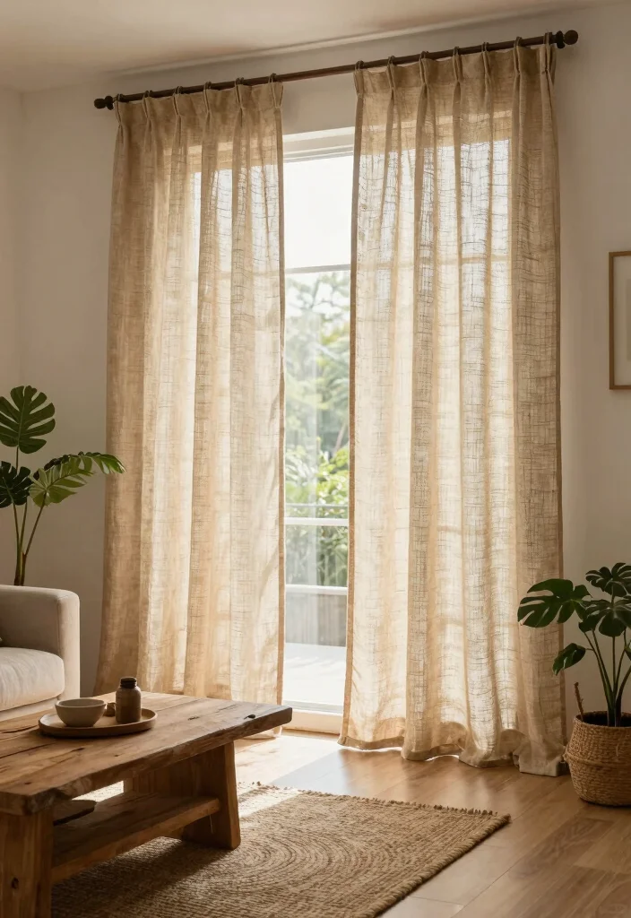 15 Sheer Curtains Living Room Ideas: Light, Airy, and Elegant - 6. Natural Jute Textiles for Earthy Vibes 1
