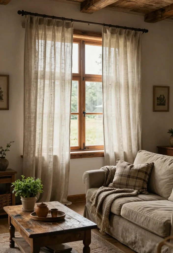 15 Sheer Curtains Living Room Ideas: Light, Airy, and Elegant - 9. Rustic Sheer Fabrics for a Farmhouse Charm 1