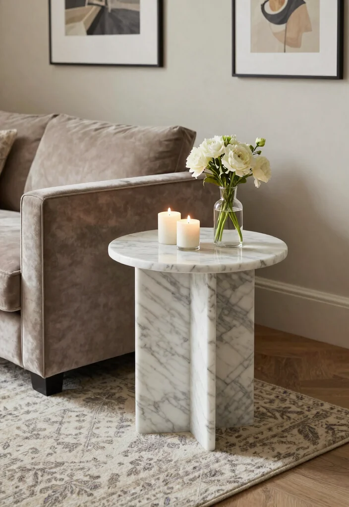 15 Sofa Side Tables in Living Room Ideas: Functional and Chic - 3. Chic Marble Side Table 1
