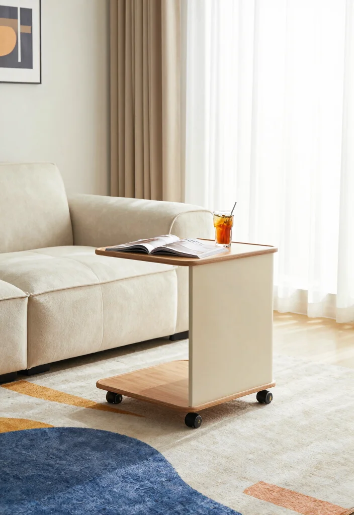15 Sofa Side Tables in Living Room Ideas: Functional and Chic - 4. Multifunctional Rolling Side Table 1