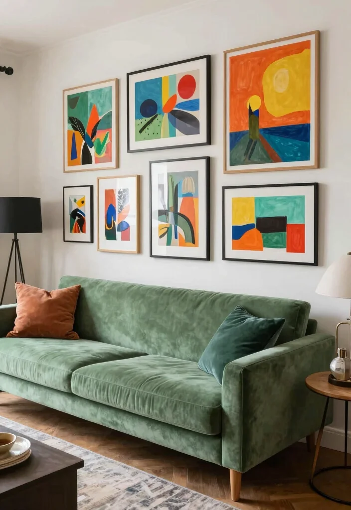 16 Angled Couch in Living Room Ideas That Maximize Space - 8. Artistic Angles: Creative Art Displays 1