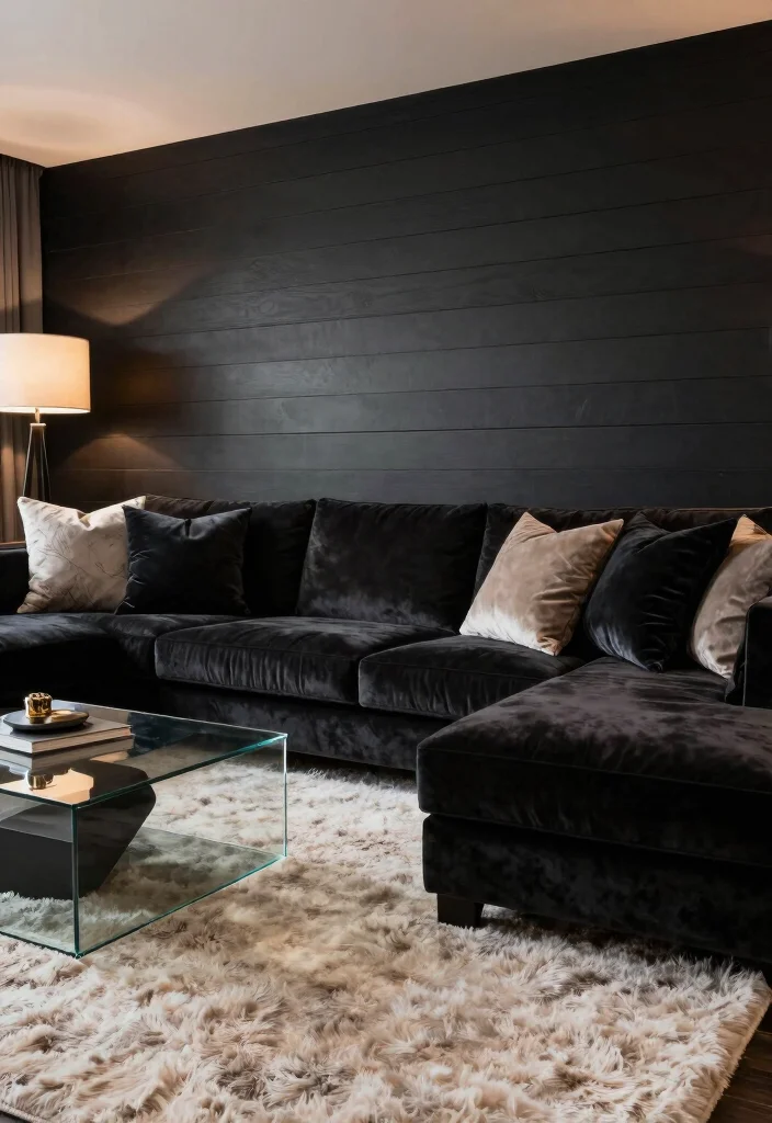 16 Black Shiplap Wall Living Room Ideas: Bold Modern Contrast - 10. Luxurious Textures 1