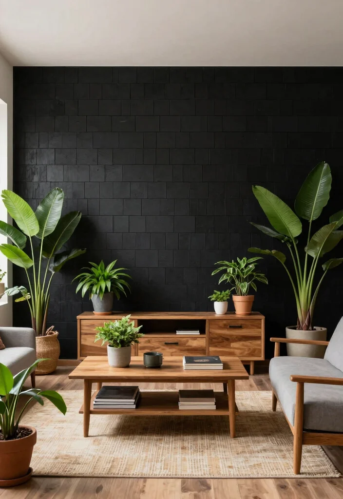 16 Black Shiplap Wall Living Room Ideas: Bold Modern Contrast - 11. Nature-Inspired Decor 1