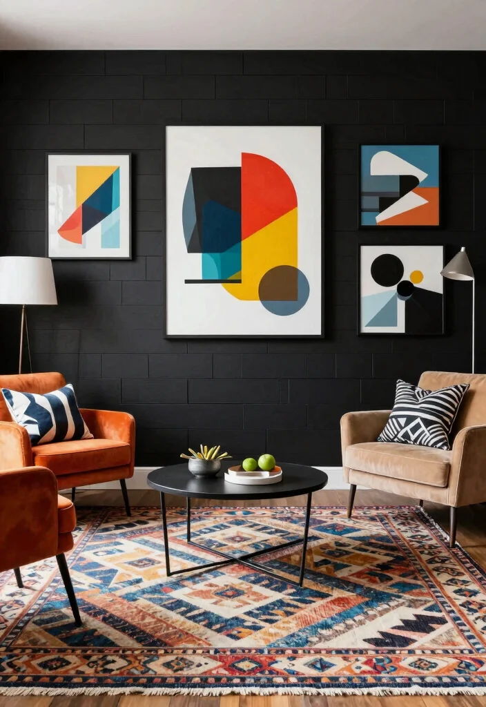 16 Black Shiplap Wall Living Room Ideas: Bold Modern Contrast - 12. Bold Geometric Shapes 1