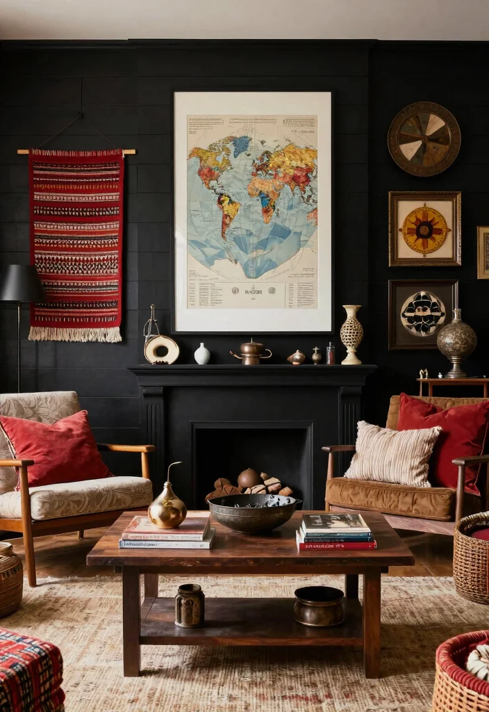 16 Black Shiplap Wall Living Room Ideas: Bold Modern Contrast - 13. Cultural Touches 1