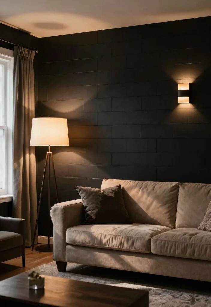 16 Black Shiplap Wall Living Room Ideas: Bold Modern Contrast - 15. Layered Lighting 1