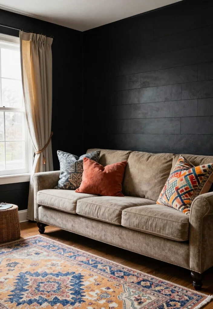 16 Black Shiplap Wall Living Room Ideas: Bold Modern Contrast - 16. Transformative Textiles 1