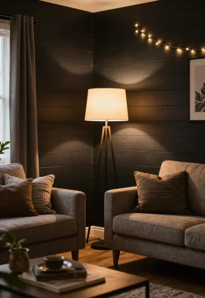 16 Black Shiplap Wall Living Room Ideas: Bold Modern Contrast - 9. Soft Lighting Effects 1