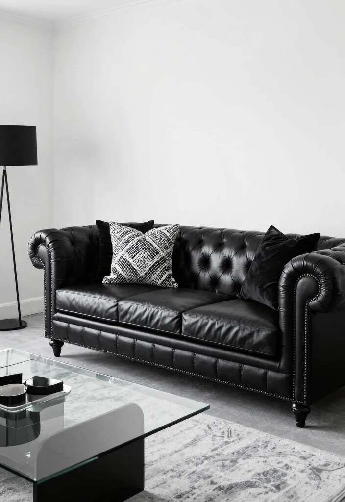 16 Chesterfield Sofa Living Room Ideas: Classic Timeless Charm - 11. Glamorous Monochrome 1