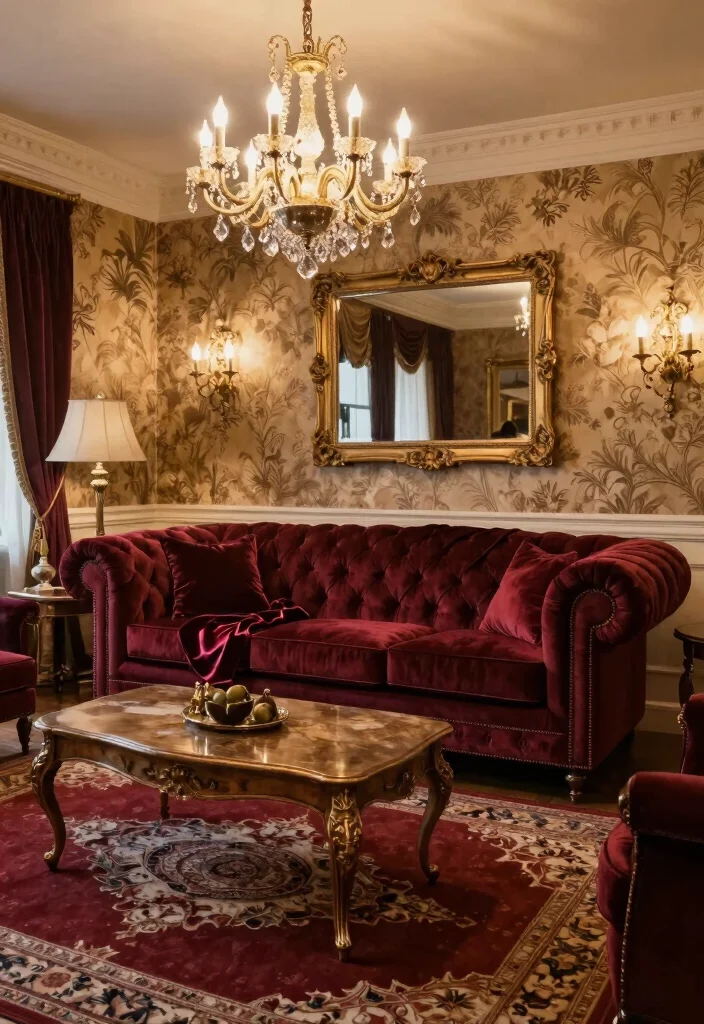 16 Chesterfield Sofa Living Room Ideas: Classic Timeless Charm - 2. Vintage Glamour with Ornate Details 1