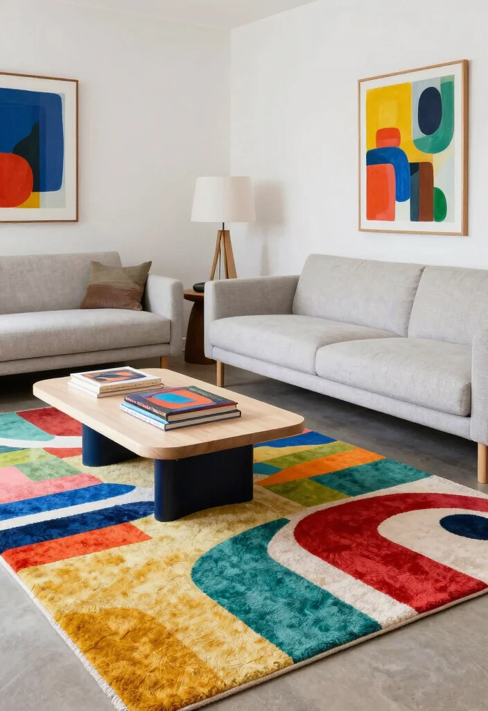 16 Colorful Living Room Rug Ideas To Instantly Add Life - 12. Artistic Expression with Painted Rugs 1