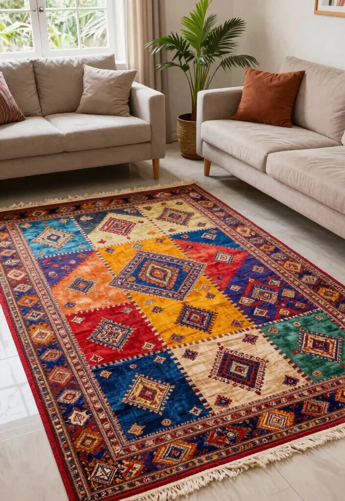 16 Colorful Living Room Rug Ideas To Instantly Add Life - 13. Sari Rugs for a Touch of Culture 1