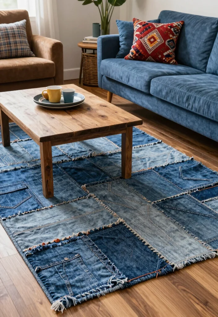 16 Colorful Living Room Rug Ideas To Instantly Add Life - 14. Recycled Denim Rugs 1