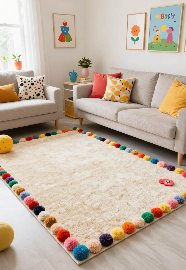 16 Colorful Living Room Rug Ideas To Instantly Add Life - 16. Playful Pom-Pom Rugs 1