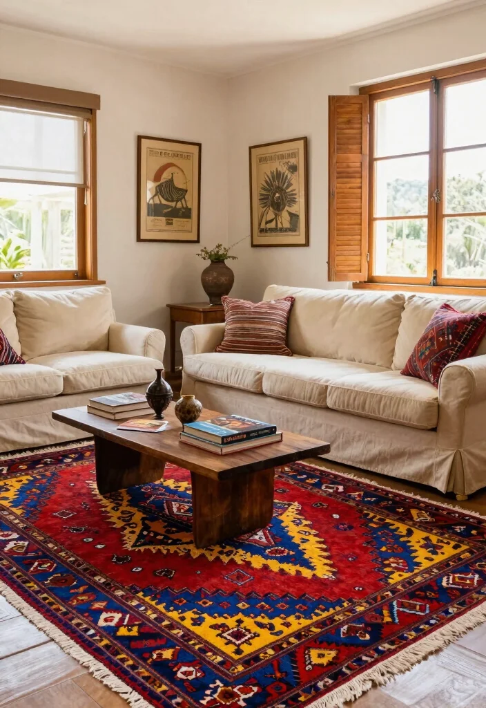16 Colorful Living Room Rug Ideas To Instantly Add Life - 3. Vintage Kilim Rugs 1