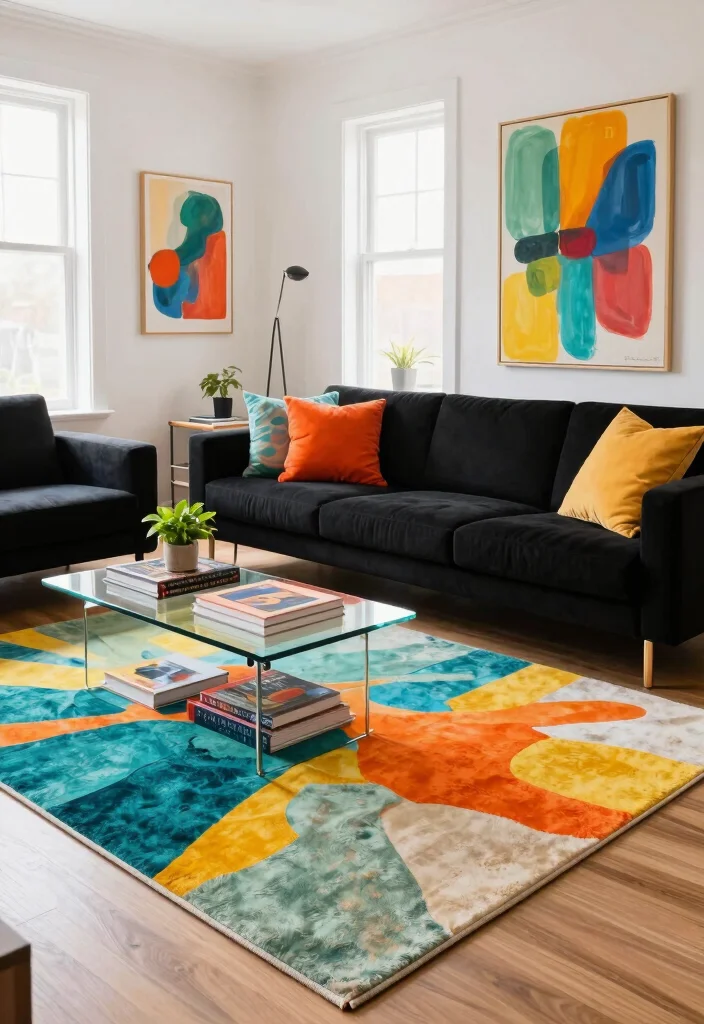 16 Colorful Living Room Rug Ideas To Instantly Add Life - 4. Artistic Abstract Rugs 1