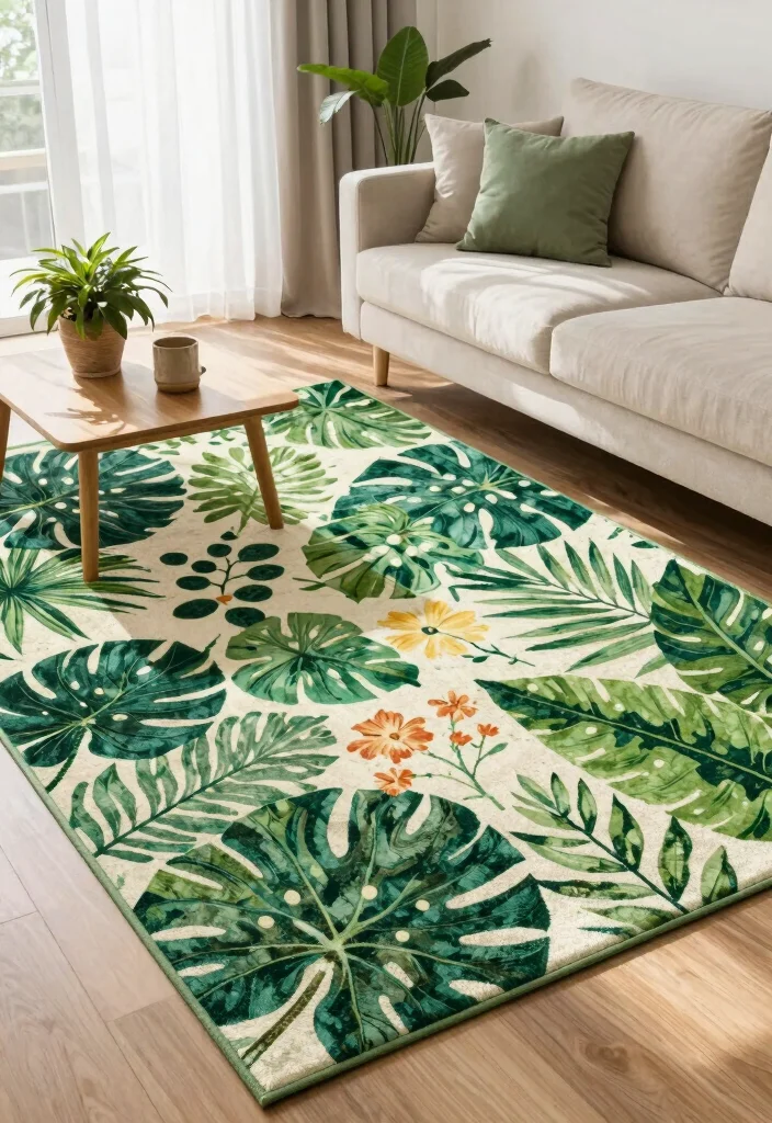 16 Colorful Living Room Rug Ideas To Instantly Add Life - 7. Botanical Print Rugs 1