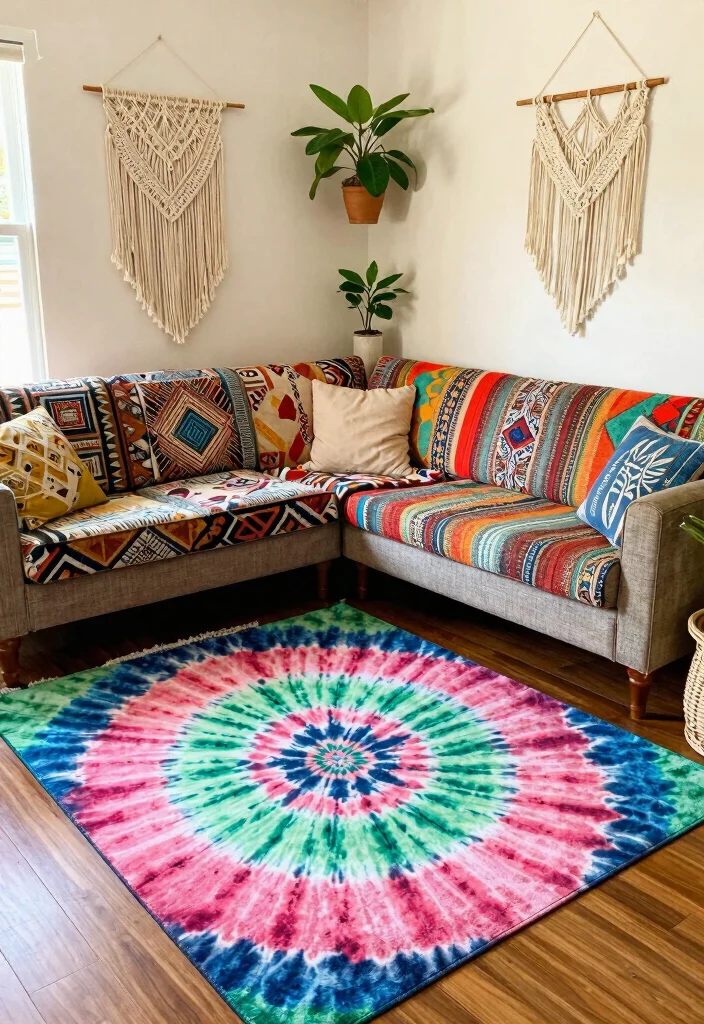 16 Colorful Living Room Rug Ideas To Instantly Add Life - 9. Tie-Dye Rugs 1