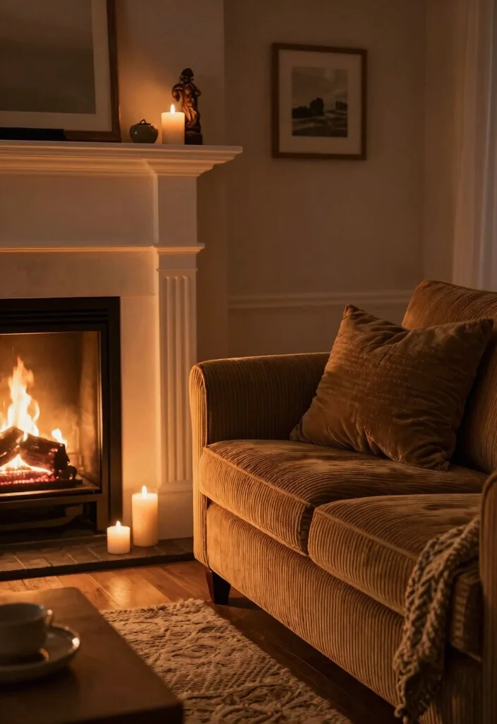 16 Corduroy Couch Living Room Ideas: Cozy Retro Chic - 12. Cozy Fireplace Corner 1