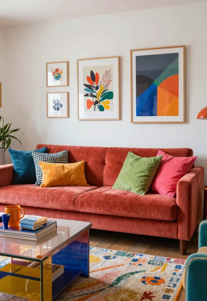 16 Corduroy Couch Living Room Ideas: Cozy Retro Chic - 13. Eclectic Color Schemes 1