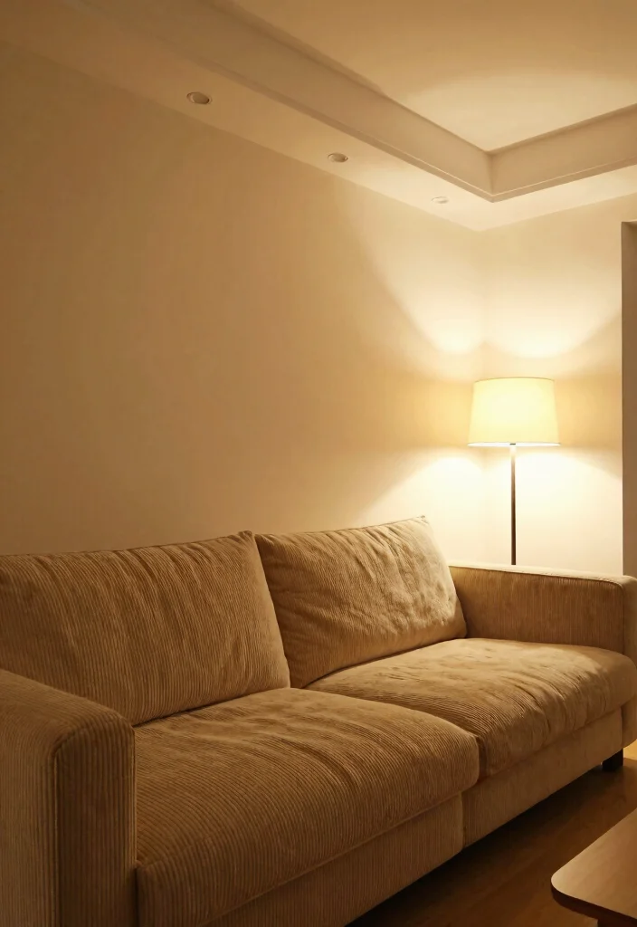 16 Corduroy Couch Living Room Ideas: Cozy Retro Chic - 14. Layered Lighting 1