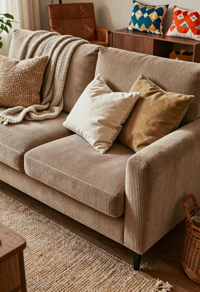 16 Corduroy Couch Living Room Ideas: Cozy Retro Chic - 3. Mixing Textures 1