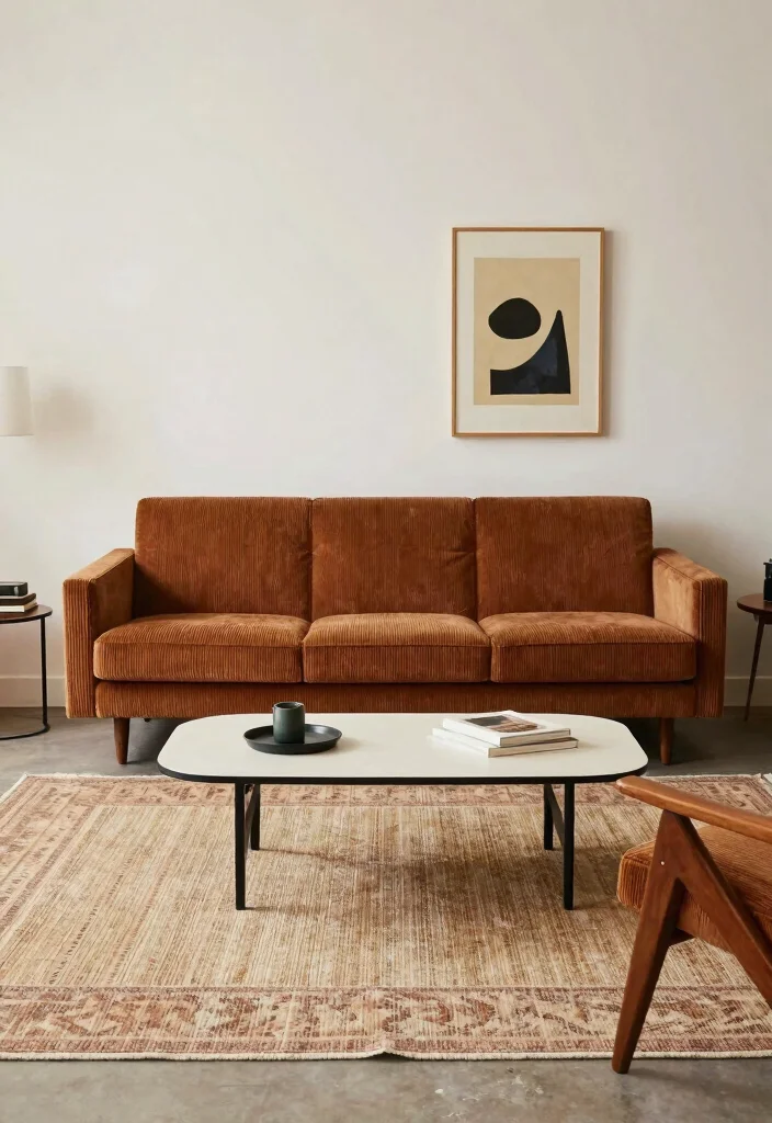 16 Corduroy Couch Living Room Ideas: Cozy Retro Chic - 4. Vintage Accents with Modern Touches 1