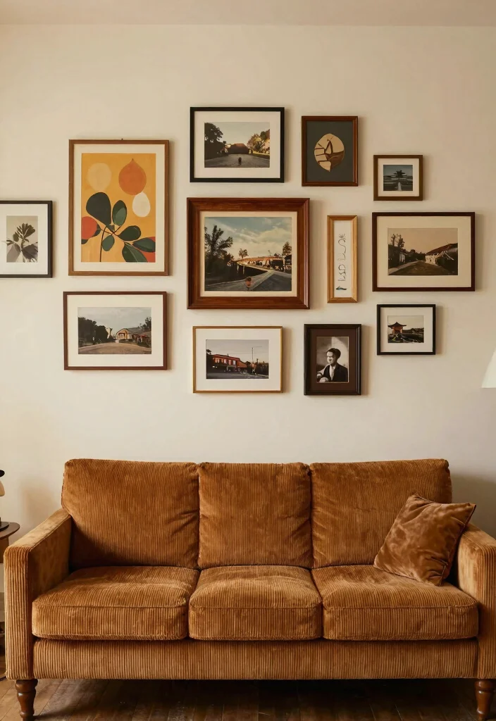 16 Corduroy Couch Living Room Ideas: Cozy Retro Chic - 6. Artful Gallery Walls 1
