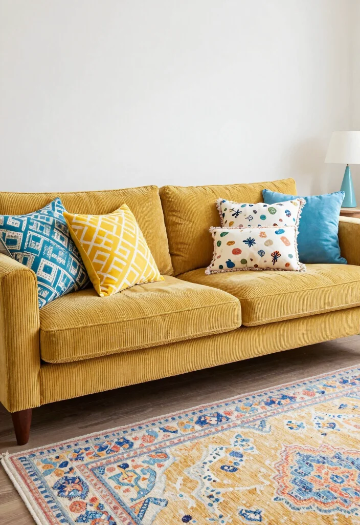 16 Corduroy Couch Living Room Ideas: Cozy Retro Chic - 7. Playful Patterns and Prints 1