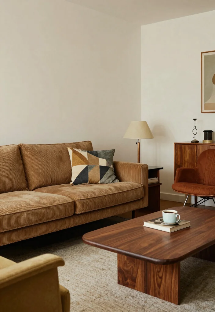 16 Corduroy Couch Living Room Ideas: Cozy Retro Chic - 9. Mid-Century Modern Vibes 1