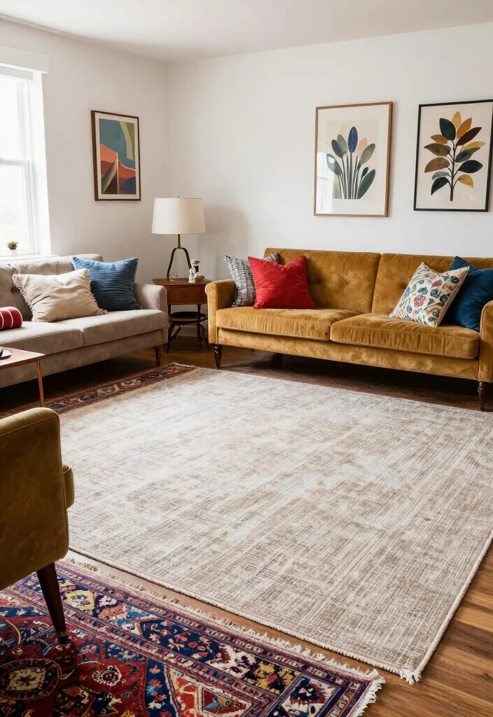 16 Double Rug Living Room Ideas Layered and Designer Approved - 9. Eclectic Mix & Match 1