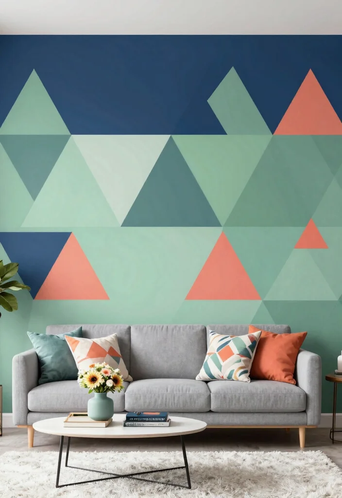 16 Geometric Wall Paint Living Room Ideas Bold Artistic Looks - 1. Triangular Bliss: Layered Triangles 1
