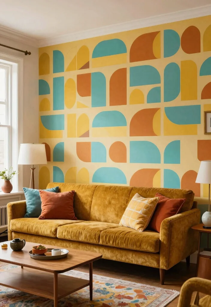 16 Geometric Wall Paint Living Room Ideas Bold Artistic Looks - 13. Retro Revival: Vintage Geometric Patterns 1