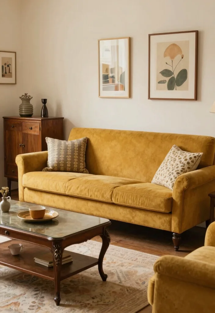 16 Mustard Sofa Living Room Ideas Trendy Warm Accents - 13. Vintage Vibes 1