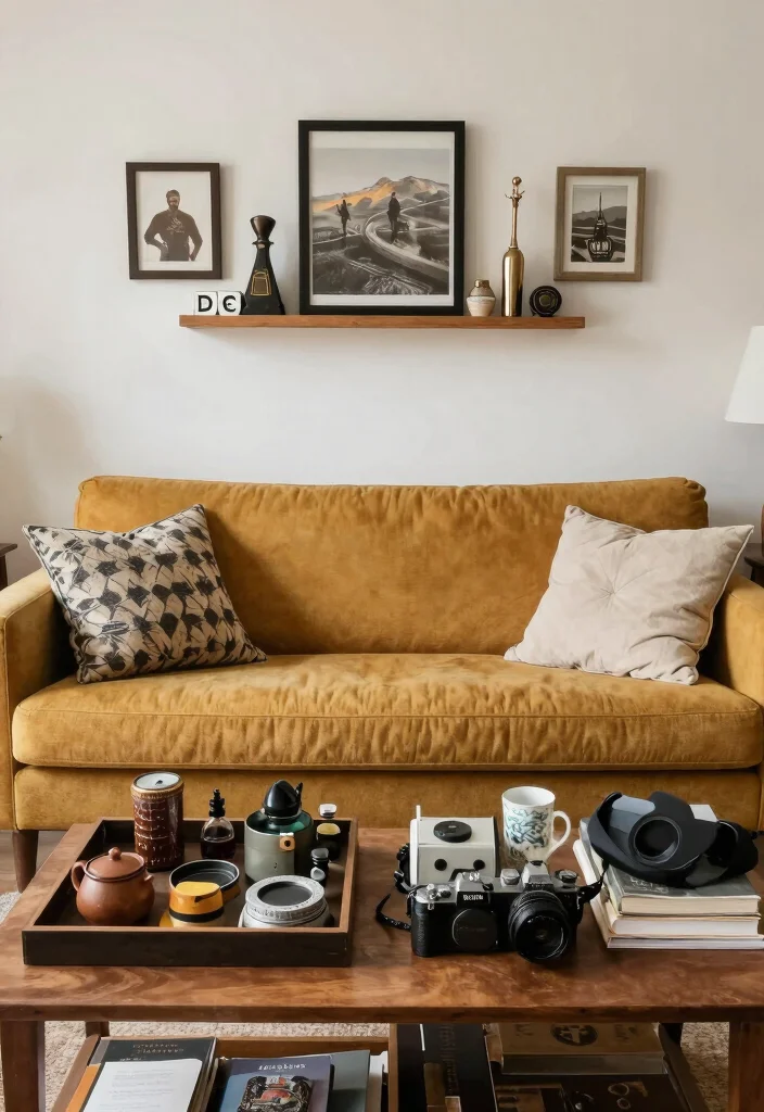 16 Mustard Sofa Living Room Ideas Trendy Warm Accents - 15. Personal Touches 1