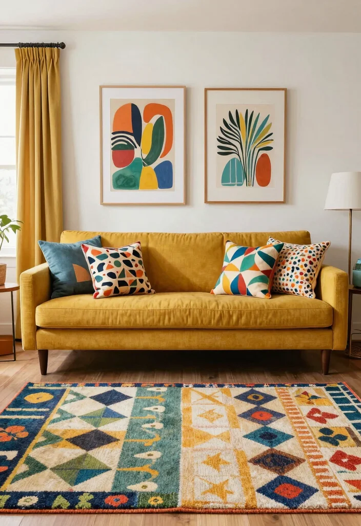 16 Mustard Sofa Living Room Ideas Trendy Warm Accents - 6. Playful Patterns 1