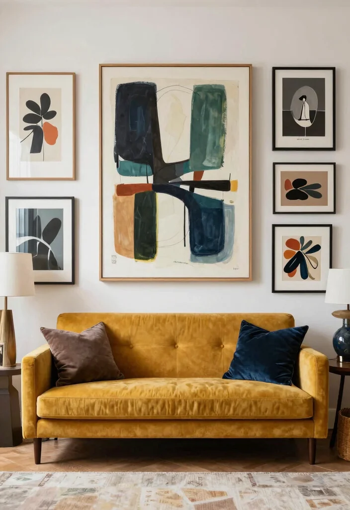 16 Mustard Sofa Living Room Ideas Trendy Warm Accents - 9. Artistic Flair 1