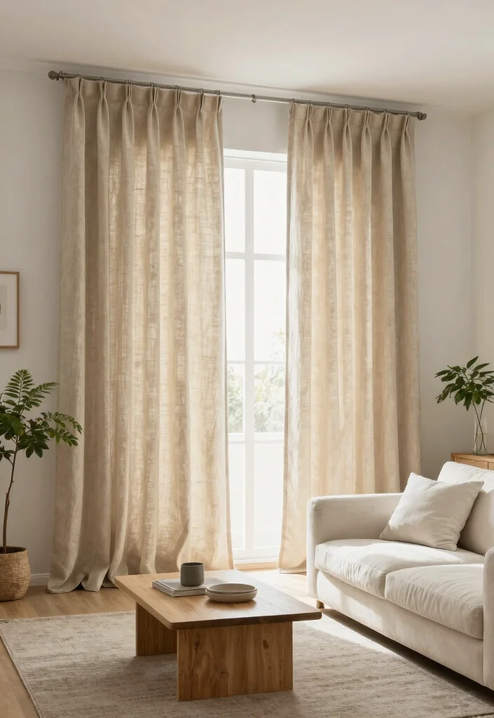 16 Neutral Curtains Living Room Ideas: Timeless and Versatile - 1. Soft Linen Drapes for a Breezy Vibe 1