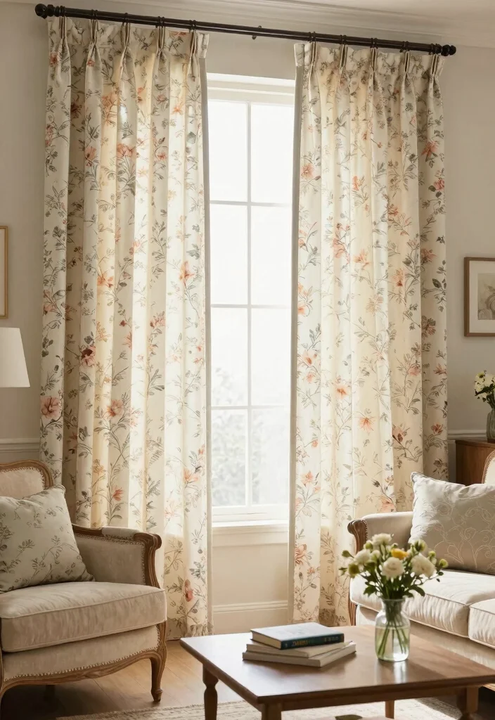 16 Neutral Curtains Living Room Ideas: Timeless and Versatile - 14. Vintage Floral for a Soft Touch 1