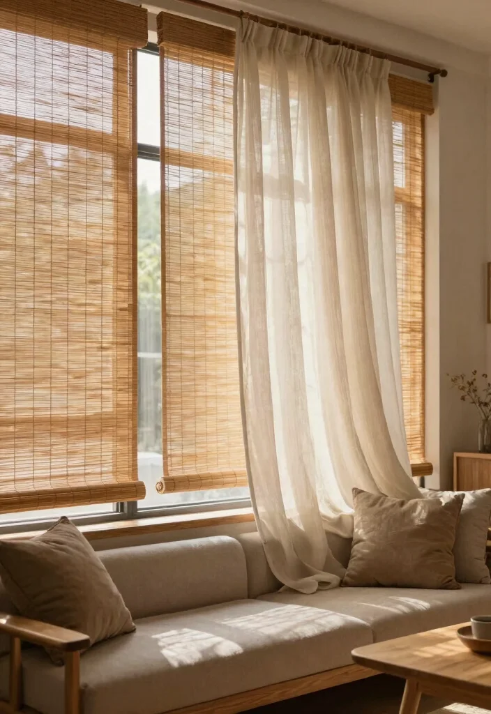 16 Neutral Curtains Living Room Ideas: Timeless and Versatile - 15. Bamboo Shades for an Eco-Friendly Touch 1
