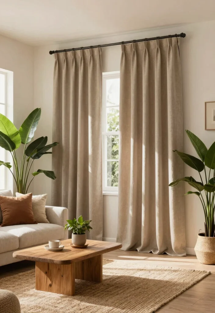 16 Neutral Curtains Living Room Ideas: Timeless and Versatile - 5. Earthy Toned Curtains for a Nature-Inspired Look 1