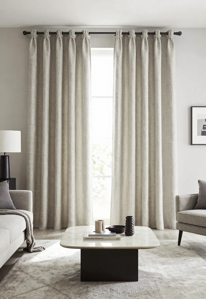 16 Neutral Curtains Living Room Ideas: Timeless and Versatile - 8. Geometric Patterns for Modern Appeal 1