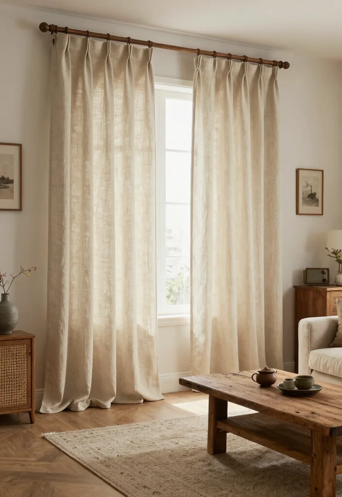 16 Neutral Curtains Living Room Ideas: Timeless and Versatile - 9. Rustic Charm with Natural Fabrics 1
