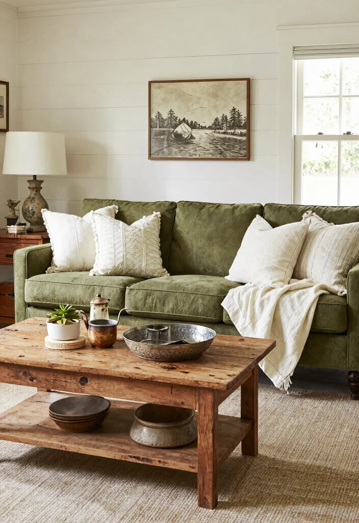 16 Olive Green Sofa Living Room Ideas Calm Earthy Elegance - 14. Farmhouse Elegance 1