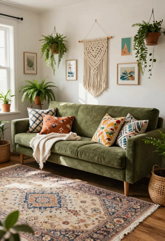 16 Olive Green Sofa Living Room Ideas Calm Earthy Elegance - 3. Bohemian Dreamscape 1